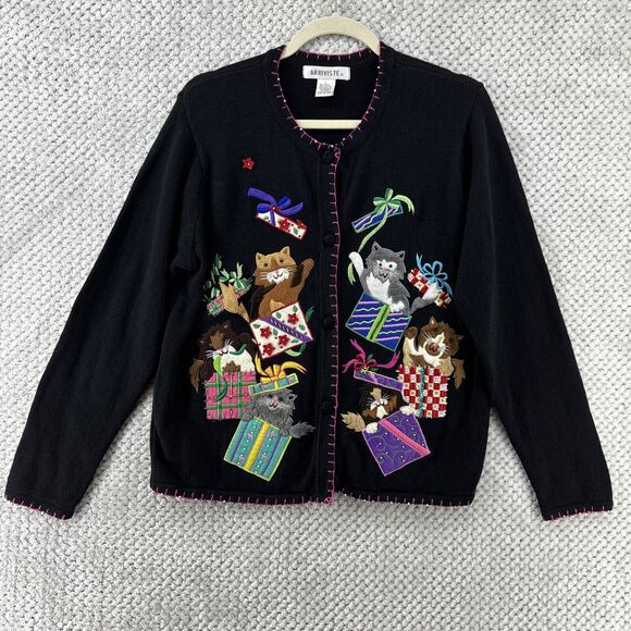 Arriviste Ugly Christmas Sweater Women L Black Embroidered Felt Cats Gift Button - Picture 1 of 12